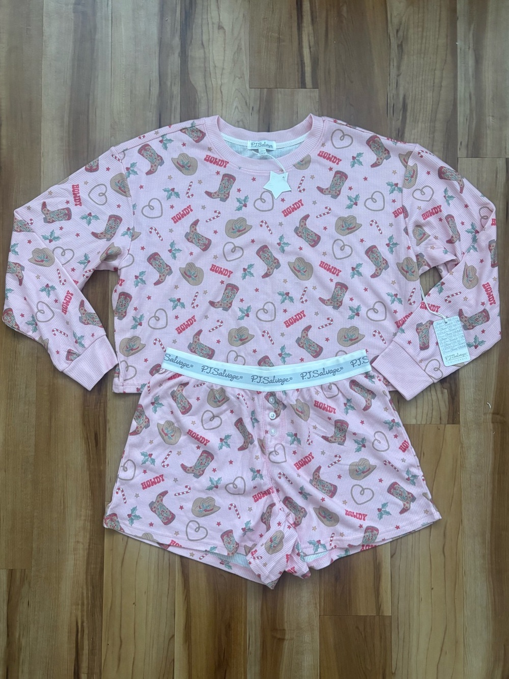 NWT PJ Salvage Pink Cowgirl Print Long-Sleeve Top & Shorts Pajama Set
